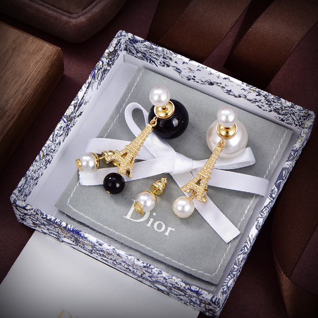 Dior Tribales Eiffel Tower Charm White Pearl Earrings